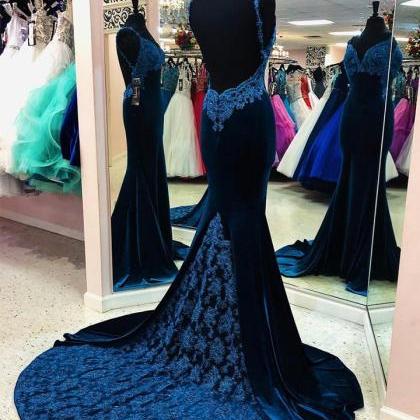 Blue Velvet Lace Long Mermaid Prom Dress