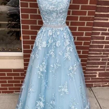 Blue Lace Beading Long Prom Dress Blue Evening..