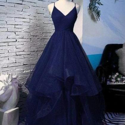 A Line Blue Tulle Prom Dresses Formal Evening..