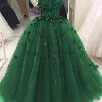 Green Ball Gown Applique Tulle Prom Dresses Formal..