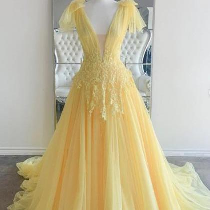 V Neck Yellow A Line Applique Tulle Prom Dresses..