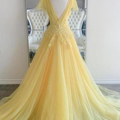 V Neck Yellow A Line Applique Tulle Prom Dresses..
