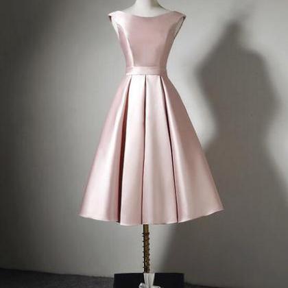 Light Pink Tea Length Satin Wedding Party Dress,..