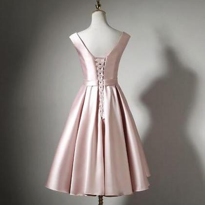 Cute Pearl Pink Tea Length Satin with Lace Applique Party Dress, Homecoming Dress C1665