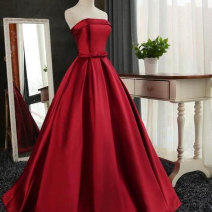 Wine Red Satin Long Party Gowns, Wine Red Formal..