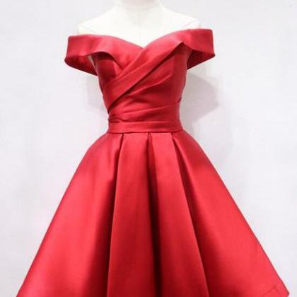Red Satin Off Shoulder Short Party Dress, Red..