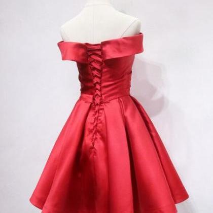 Red Satin Off Shoulder Short Party Dress, Red..