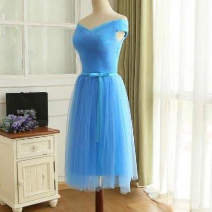 Blue Off Shoulder Tulle Short Prom Dress, Blue..