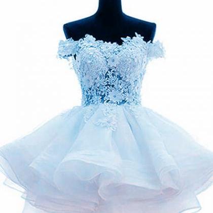 Light Blue Layers Organza Party Dress With Lace,..