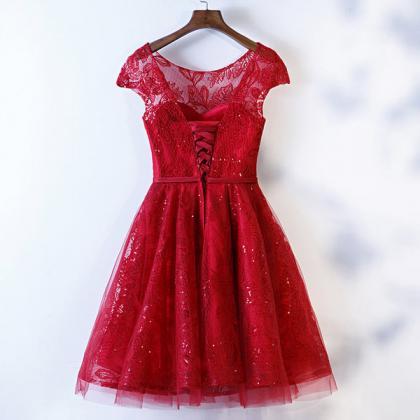 Fashion Dark Red Lace Cap Sleeves Short Party..