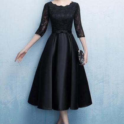 Black Satin Tea Length Party Dress, Black Prom..