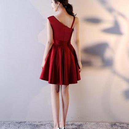 Dark Red Satin One Shoulder Mini Party Dress, Wine..
