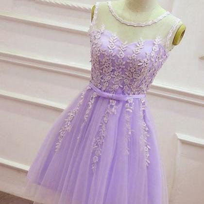 Light Purple Tulle Short Prom Dress, Lace Applique..