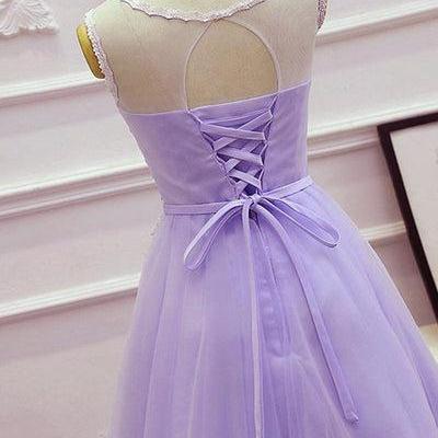 Light Purple Tulle Short Prom Dress, Lace Applique..