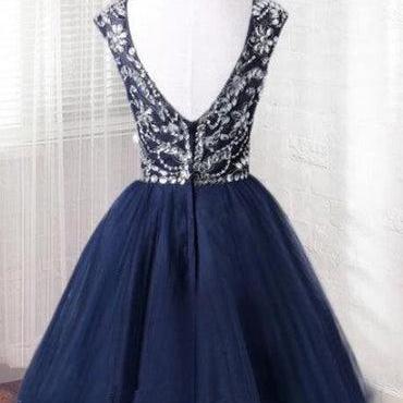 Short Tulle Beaded Dress Blue Knee Length..
