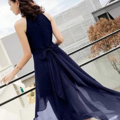 High Low Chiffon Halter Party Dress With Belt,..