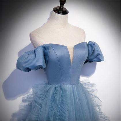 Blue Tulle Strapless Off The Shoulder Floor Length Prom Dress Evening ...