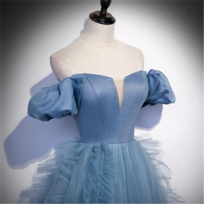 Blue Tulle Strapless Off The Shoulder Floor Length..