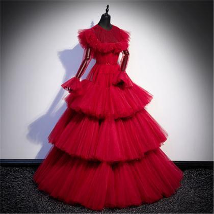 Red Long Sleeve Ball Gown Floor Length Prom Dress..