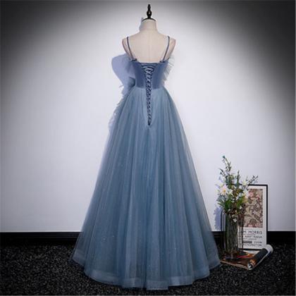 Blue Tulle Strapless Floor Length Prom Dress..