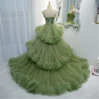 Green Ball Gown Tulle Strapless Prom Dress Evening..
