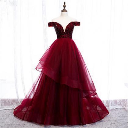 Red V Neck Tulle Beading Prom Dress Evening Dress..