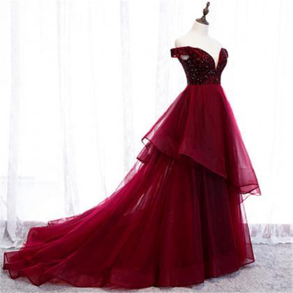 Red V Neck Tulle Beading Prom Dress Evening Dress..