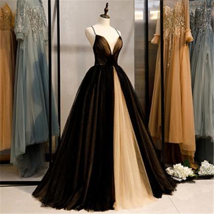 Black And Champagne V Neck Tulle Prom Dress..