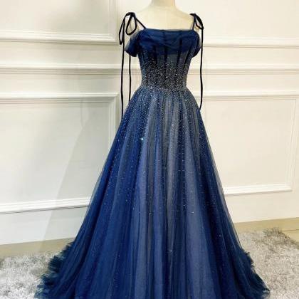Blue Tulle Lace Applique Prom Dress Evening Dress..