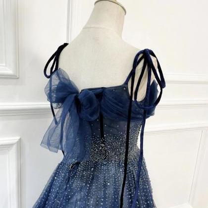 Blue Tulle Lace Applique Prom Dress Evening Dress..