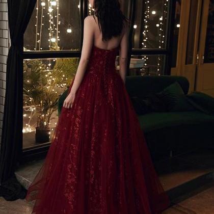 Wine Red Floral Lace And Tulle Long Evening Gown..