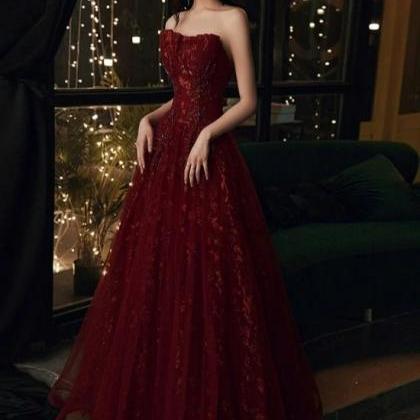 Wine Red Floral Lace And Tulle Long Evening Gown..
