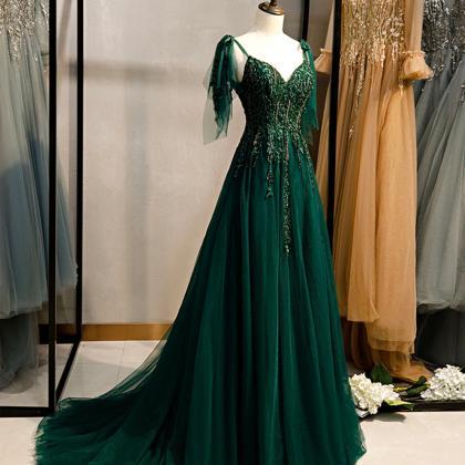Dark Green Beaded Tulle Straps A-line Formal..