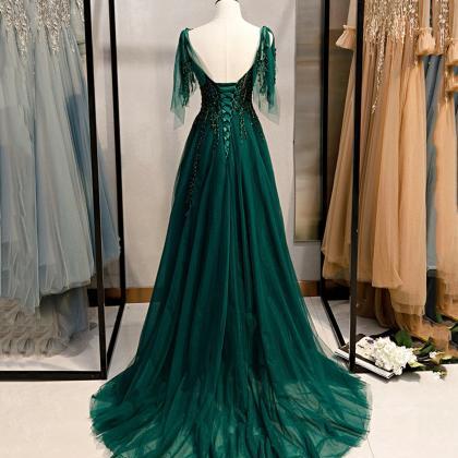Dark Green Beaded Tulle Straps A-line Formal..