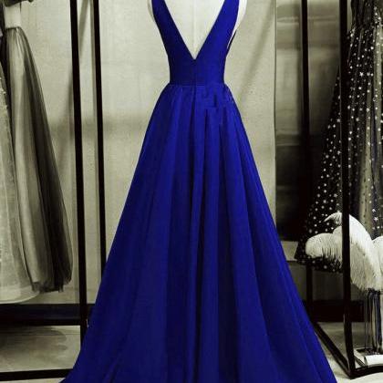 Royal Blue Satin Deepv-neckline Long Party Dress..