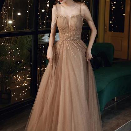 Champagne Beaded Tulle Straps Long Party Dresses,..