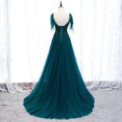 Lovely A-line Straps Tulle Teal Blue Long Evening..