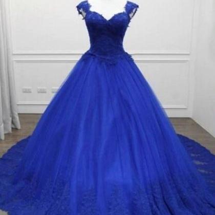 Royal Blue Tulle Sweetheart Ball Gown Formal Dress..