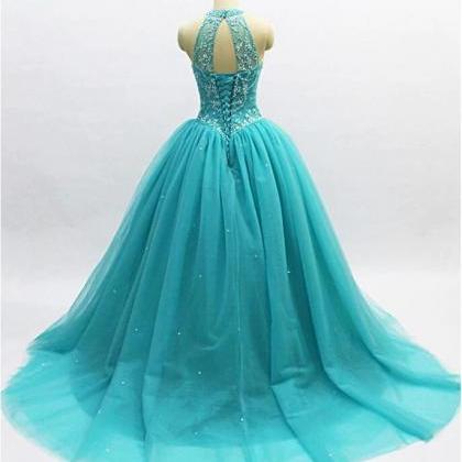Teal Blue Tulle Beaded Ball Gown High Neckline..