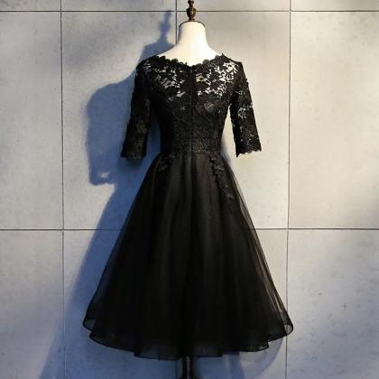Black Lace And Tulle Short Sleeves Party Dresses..
