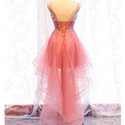Chic V-neckline Lace Applique Tulle High Low..