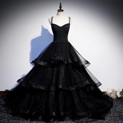 Black Tulle Layers Straps Beaded Long Evening..