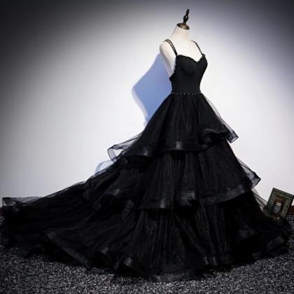 Black Tulle Layers Straps Beaded Long Evening..