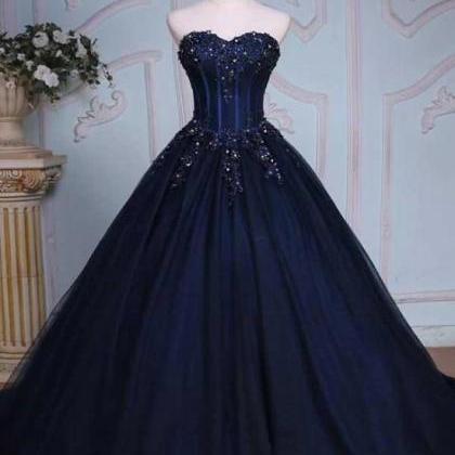 Navy Blue Sweetheart Tulle Ball Gown Lace Beaded..