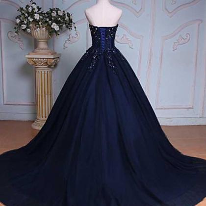 Navy Blue Sweetheart Tulle Ball Gown Lace Beaded..