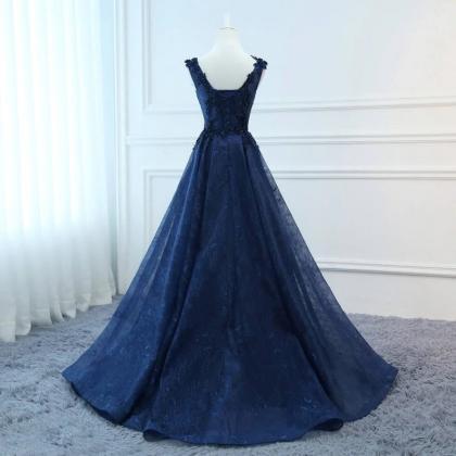 Navy Blue V-neckline Lace Long Party Dress With..