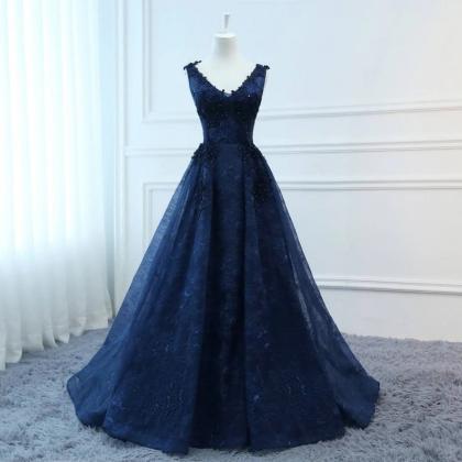 Navy Blue V-neckline Lace Long Party Dress With..