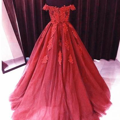 Dark Red Tulle Long Off Shoulder Beaded Lace Prom..