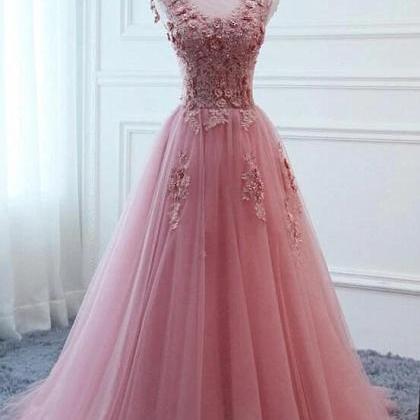 Pink Tulle With Lace Applique Long Formal Dress,..