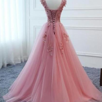 Pink Tulle With Lace Applique Long Formal Dress,..